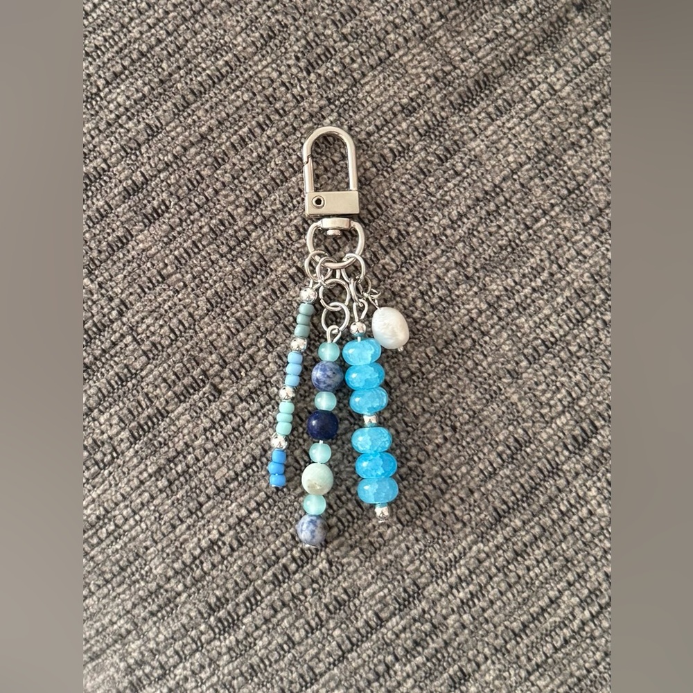Blue & Silver Beaded Bag Charm Keychain with Real Pearl
